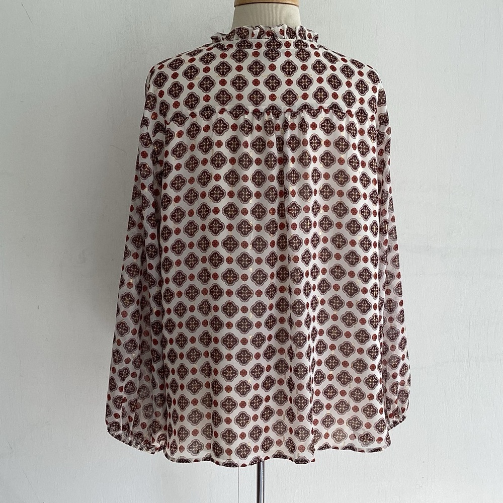 Talbots Flowy Red / White/ Damask Print Ruffle Neck Faux Button Tie Blouse XL - Picture 5 of 9